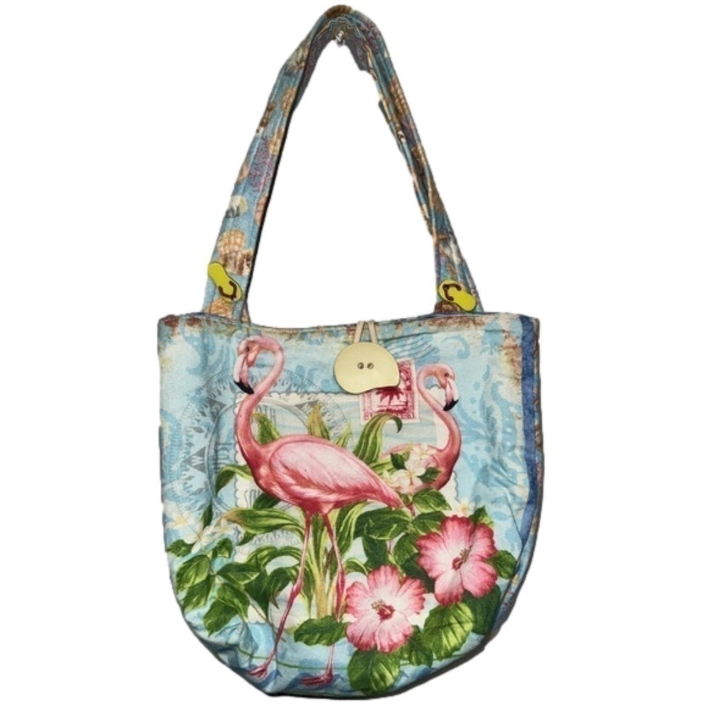 Flamingo, Flowers and Sea Shell Print Shoulder Bag, Beach